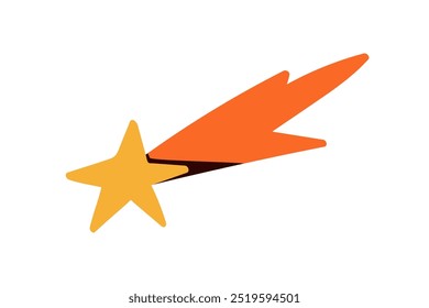 Shooting star with glowing trail, wish and dream symbol. Bright celestial cosmic object in motion, light blaze streak. Falling comet in flight. Flat vector illustration isolated on white background