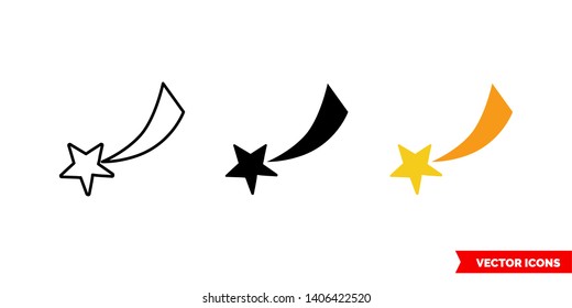 Shooting star icon of 3 types: color, black and white, outline. Isolated vector sign symbol.