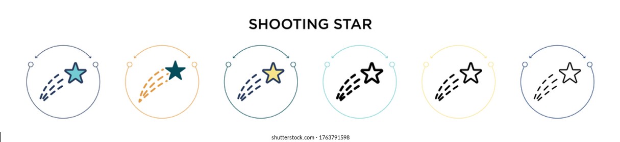 Shooting star icon in filled, thin line, outline and stroke style. Vector illustration of two colored and black shooting star vector icons designs can be used for mobile, ui, web