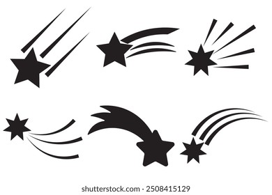 Shooting star icon. Flying comet with tail. Black falling stars icon. Shooting stars with tails icons. Abstract silhouette of shooting star. Falling meteor, abstract fantasy galaxy element. 