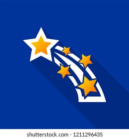 Shooting star icon with long shadow on blue background. Vector Illustration EPS 10