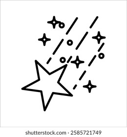shooting star icon. Meteorite and comet symbols. Flying comet with tail, falling meteor, abstract galaxy elements. Black shooting star icon. Abstract silhouette of shooting star.