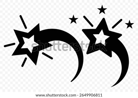 Shooting star icon set. Different star shapes. Falling stars. Vector illustration