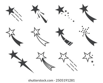 Conjunto de iconos de estrella fugaz. Estrella caída con rastro. Estrella voladora con cola de cometa. Ilustración vectorial