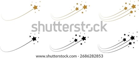 Shooting star icon set with gold, black and outline falling stars, celestial night sky sparkle and comet trail symbols, vector collection for magic, fantasy, astrology and decoration design