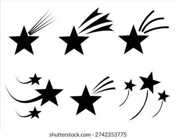 Shooting star icon set. Star trail and motion symbols collection. Decorative sparkle and falling star elements.