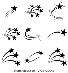 Shooting Star icon Set,icon collection.  Star trail sign Vector Illustration.Rising star, falling star symbol,falling black stars on white background.
