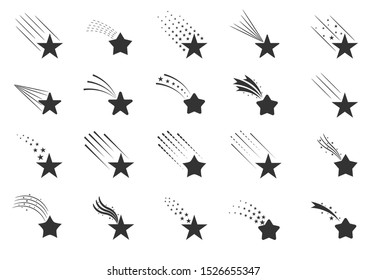 Shooting star icons. Falling stars with different tails, meteorite signs