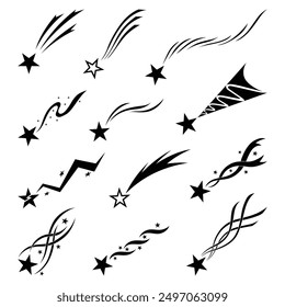 Shooting star icons set. Falling meteorites or comets. Comet tail or star trail vector illustration set isolated on white background