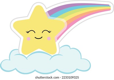 Shooting star illustration for children, happy star in cloud, light in rainbow