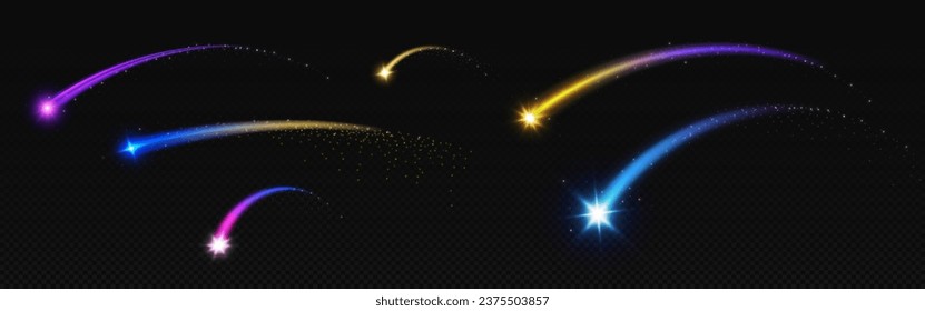 Shooting star light arc curve with magic glitter. Blue arch neon sparkle beam line. Speed trail shine vector effect. Glowing gold and purple track. Flying twinkle motion overlay. Night meteor burst