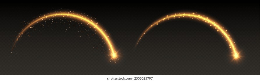 Efecto de luz de estrella fugaz, arco mágico con destellos, meteoro brillante con rastro, estrella brillante en movimiento. Ilustración vectorial de Navidades.