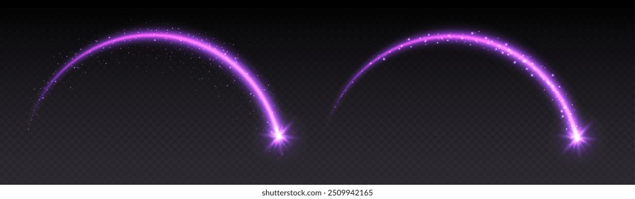 Efecto de luz de estrella fugaz, arco mágico con destellos, meteoro brillante con rastro, estrella brillante en movimiento. Ilustración vectorial de Navidades.