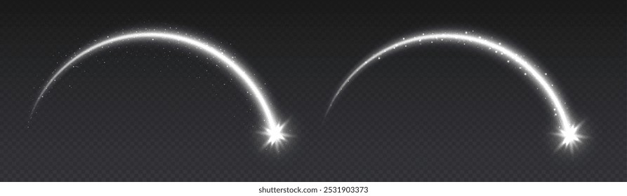 Efeito de luz de estrela cadente, arco mágico com brilhos, meteoro brilhante com trilha, estrela brilhante em movimento. Ilustração de vetor de Natal.