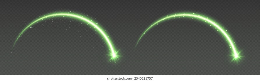 Shooting star light effect, magic arch with sparkles, glowing meteor with trail, shiny star in motion. Christmas vector illustration.