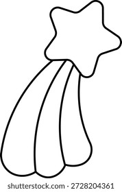 Stern mit langem Kometenschweif in sauberer Kontur, dicken Strichkurven und glatten Konturen. Symbol für Wunsch, Glück, Traum und Streben nach Erfolg und Hoffnung. Cartoon, Vektorgrafik.