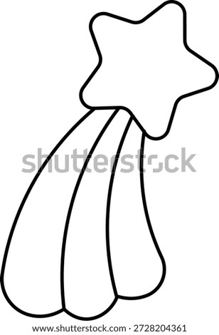 Shooting star with long comet tail in clean outline, thick stroke curves, and smooth contours. Symbol of wish, luck, dream, and aspiration for success and hope. Cartoon vector illustration.