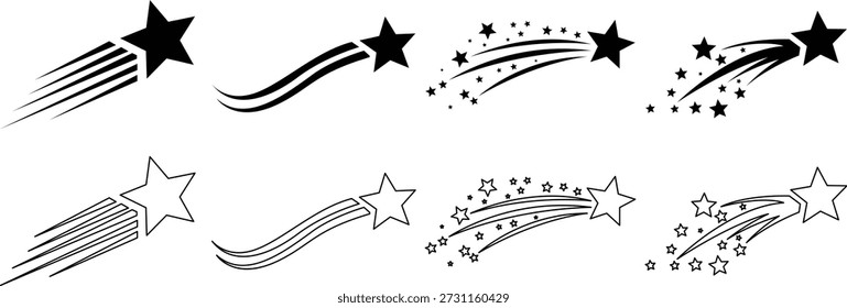 Estrella fugaz y rastro mágico conjunto de Ilustración vectorial Elementos de fantasía celestial