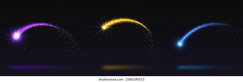 Shooting star neon light arc with gold glitter sparkle. Purple and blue curve arch speed trail with abstract particle shine effect. Glowing track with dust from meteor isolated night overlay element.