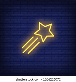 Shooting star neon sign. Glowing neon star on dark blue brick background. Vector illustration can be used for party, festivals, night club