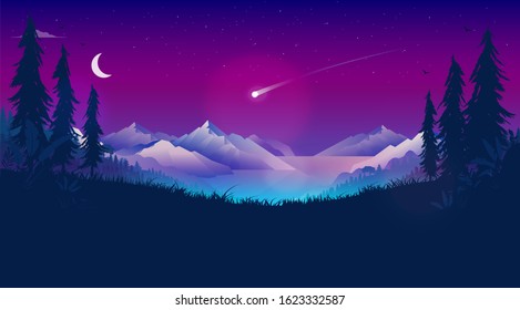 Shooting star in night sky. Bright comet falling through atmosphere. Cold night in beautiful landscape with stars, moon, mountains, ocean and forest. Meteorite, astrology, good luck, concept.