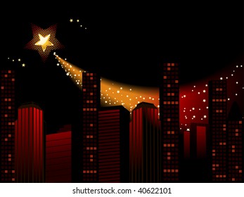 Shooting star over cityscape