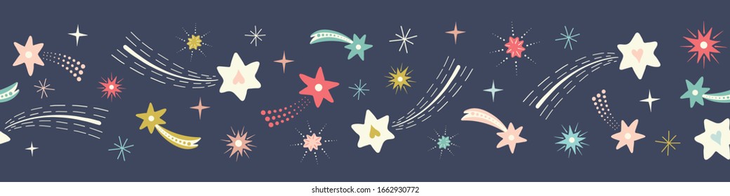 Shooting Star Pattern Banner Background. Bright Fun Vector Seamless Repeat Border In Vintage Colours.