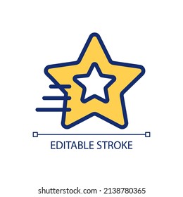 Shooting star pixel perfect RGB color icon. Make wish upon falling star. Burning meteor in atmosphere. Isolated vector illustration. Simple filled line drawing. Editable stroke. Arial font used