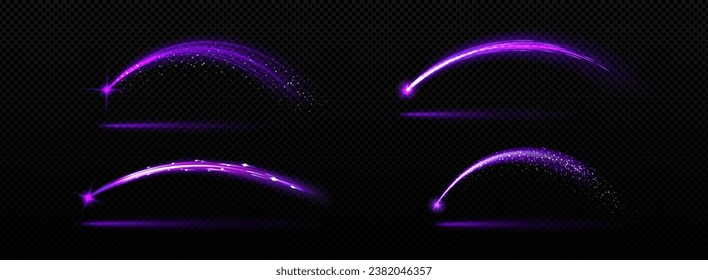 Estrella de tiro con pista de ráfaga de arco violeta. Ilustración vectorial realista de un rastro luminoso curvo con partículas espumosas. Metal volador neón con línea de trineo, brillo y efecto superpuesto.