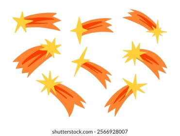 Shooting Star Radiant Cores Fiery Orange Tail. A collection of 8 dynamic shooting stars with radiant yellow cores and fiery orange tails, ideal for energetic and celestial designs