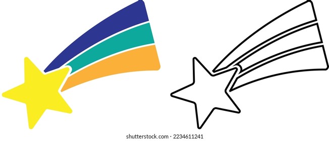 Shooting star with rainbow tail. Colored and outline.