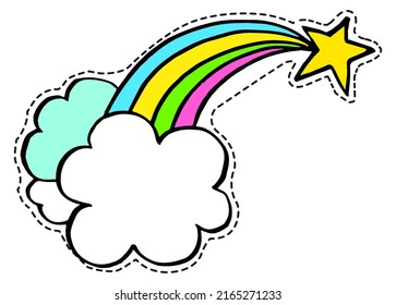 Shooting star and rainbow trace with clouds in sky. Miracle and magical composition, fantasy decoration or sketch drawing for greeting card. Sticker or patch, isolated icon vector in flat style