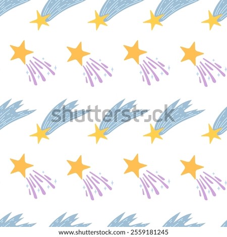 Shooting star seamless pattern. Background for kids, falling star, make a wish, night sky theme for nursery. Vector design