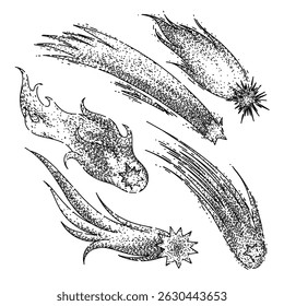 shooting star set hand drawn. celestial night, sky observation, streak light shooting star vector sketch. isolated black illustration