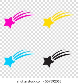 Shooting Star Sign. CMYK Icons On Transparent Background. Cyan, Magenta, Yellow, Key, Black.