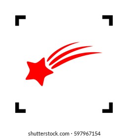 Shooting star sign. Vector. Red icon inside black focus corners on white background. Isolated.