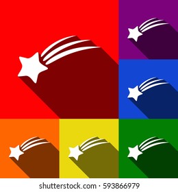 Shooting star sign. Vector. Set of icons with flat shadows at red, orange, yellow, green, blue and violet background.