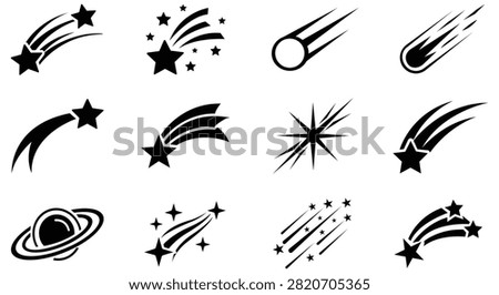 Shooting star and sparkle vector collection featuring celestial comets glowing trails and decorative space symbols isolated on white background for fantasy astronomy celebrations and creative graphic projects.