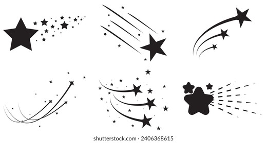 Shooting star. Shooting stars with tails icons, falling meteor, abstract fantasy galaxy element, decorative night sky object silhouette. Vector isolated set 