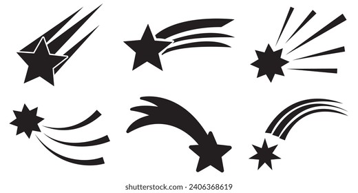 Shooting star. Shooting stars with tails icons, falling meteor, abstract fantasy galaxy element, decorative night sky object silhouette. Vector isolated set 