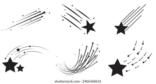 Shooting star. Shooting stars with tails icons, falling meteor, abstract fantasy galaxy element, decorative night sky object silhouette. Vector isolated set 