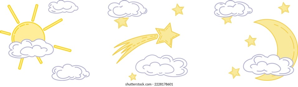 Shooting star, sun, month, comet and stars in the sky with clouds. vector illustration of celestial bodies in cartoon style