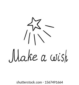 shooting star and text make a wish hand drawn simple scandinavian style.