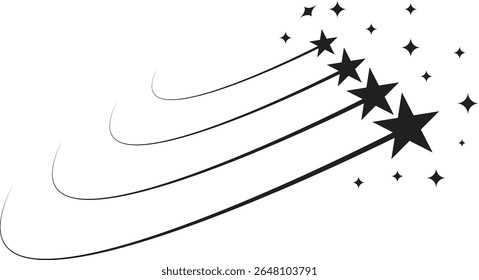 Filmando Vetor de Trilha Estrela com Fagulhas - Silhueta Preta de Chuveiro Meteoro, Estrela Brilhante e Listras de Cometa - Design Celestial Decorativo para Arte, Logotipo e Uso de Impressão