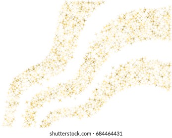 Shooting star trails. Abstract vector background with gold star confetti elements. Decorative curve pattern on white with yellow glitter confetti, shooting stars  curls.