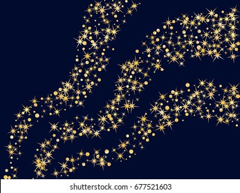 Shooting Star Trails. Cosmic Abstract Vector Background With Gold Star And Circle Confetti Elements. Decorative Curve Pattern On Dark Blue With Yellow Shooting Stars. Glitter Confetti Curls.