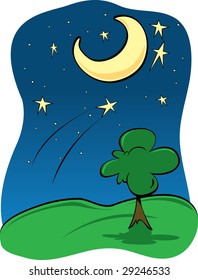 Shooting star under a crescent moon