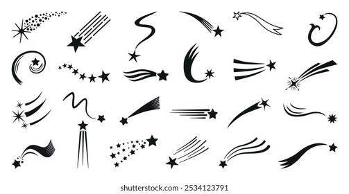 Ícones pretos de estrelas cadentes. Estrela isolada com cauda, cometas voadores caindo. Trilhas de estrelas, elementos do universo para design web decorações gráficas, símbolos vetoriais neotéricos