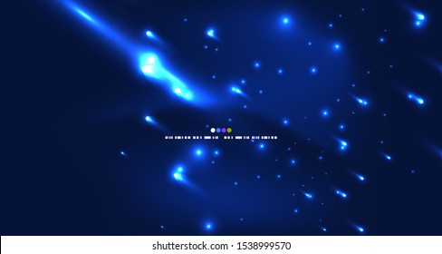 Shooting stars, blue neon color outer space vector background. Bright light effects