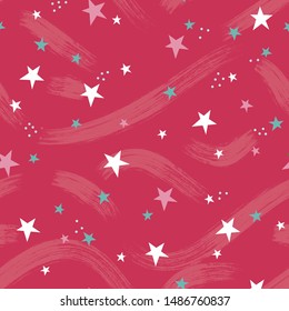 Shooting stars Christmas seamless pattern in red, pink, aqua and white. Great for winter holidays, gift wrapping paper, textiles, decorating and decor. Retro feel with a modern look. Vector.
